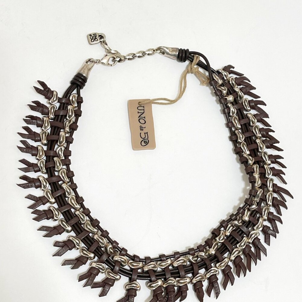UNO DE 50 ROCK CROCO Braided Leather Fringe BOHO Silver Bezel Statement Necklace - Picture 2 of 11